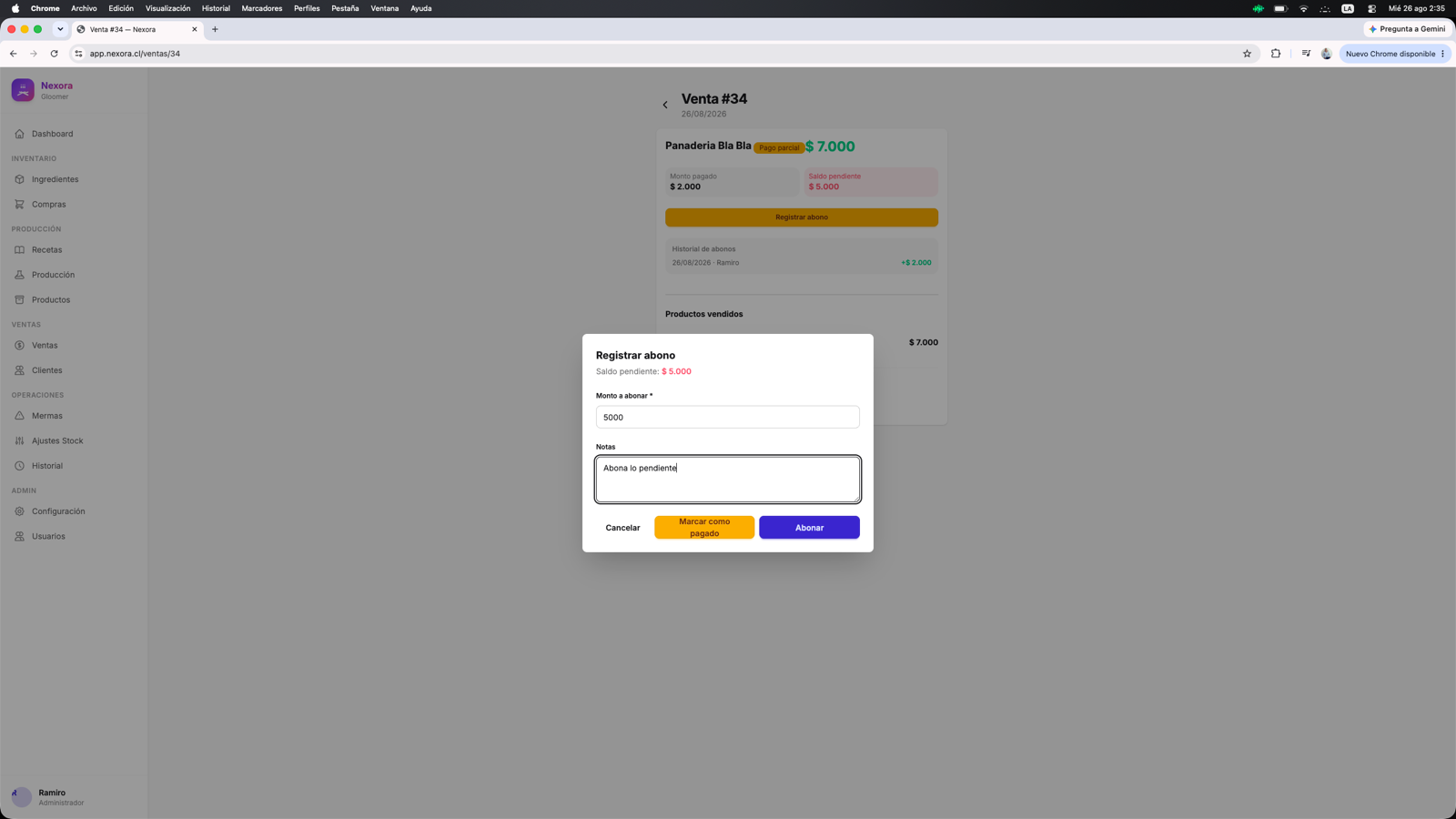 NEXORA - Registrar abono desde Ventas